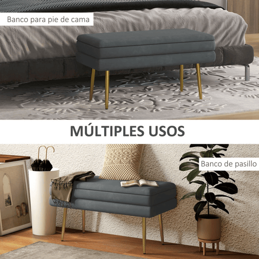 HOMCOM Banco Pé de Cama 30L Banco com Armazenamento para Dormitório Estofado em Veludo Banco de Entrada com Pés de Aço 79,5x37,5x43 cm Cinza Escuro