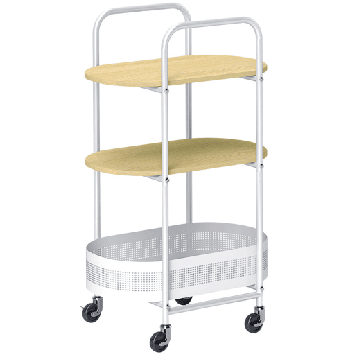 HOMCOM Carrinho Auxiliar com Rodas Carrinho de Cozinha de 3 Níveis Carrinho de Armazenamento com Cesta e Prateleiras Carga 30 kg para Sala de Jantar Sala de Estar 49,5x32,5x82,5 Branco e Madeira