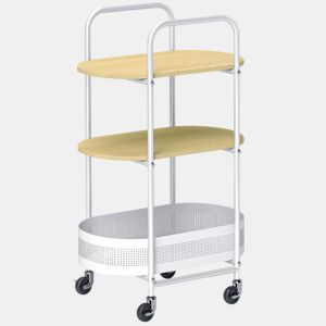 HOMCOM Carrinho Auxiliar com Rodas Carrinho de Cozinha de 3 Níveis Carrinho de Armazenamento com Cesta e Prateleiras Carga 30 kg para Sala de Jantar Sala de Estar 49,5x32,5x82,5 Branco e Madeira