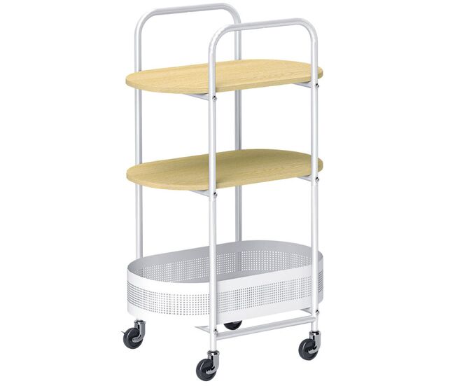 Homcom carrito auxiliar con ruedas carrito de cocina de 3 niveles carro de almacenamiento con cesta y estantes carga 30 kg para comedor salón