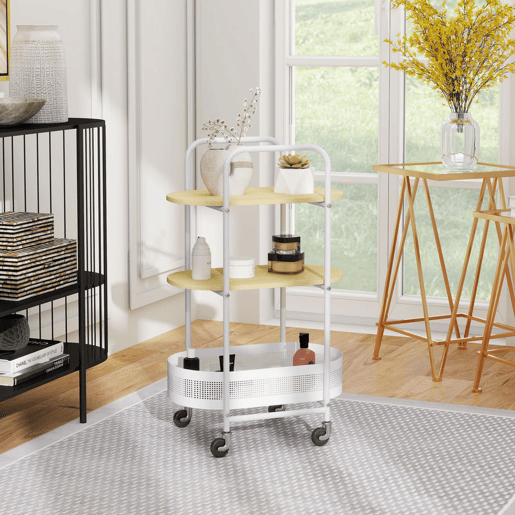 HOMCOM Carrinho Auxiliar com Rodas Carrinho de Cozinha de 3 Níveis Carrinho de Armazenamento com Cesta e Prateleiras Carga 30 kg para Sala de Jantar Sala de Estar 49,5x32,5x82,5 Branco e Madeira