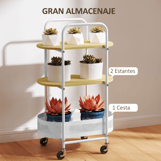 HOMCOM Carrinho Auxiliar com Rodas Carrinho de Cozinha de 3 Níveis Carrinho de Armazenamento com Cesta e Prateleiras Carga 30 kg para Sala de Jantar Sala de Estar 49,5x32,5x82,5 Branco e Madeira