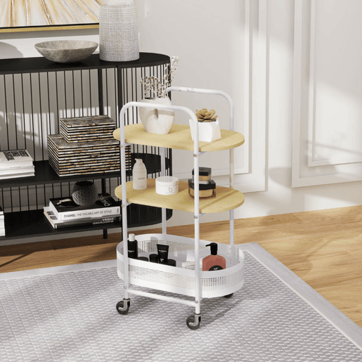 HOMCOM Carrinho Auxiliar com Rodas Carrinho de Cozinha de 3 Níveis Carrinho de Armazenamento com Cesta e Prateleiras Carga 30 kg para Sala de Jantar Sala de Estar 49,5x32,5x82,5 Branco e Madeira
