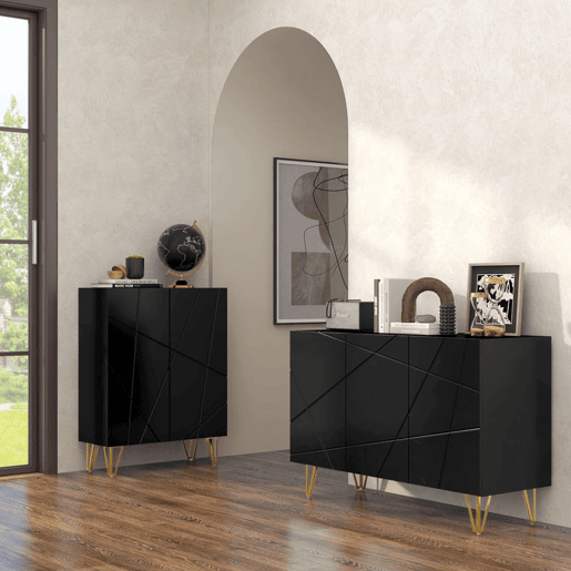 HOMCOM Aparador para Sala Aparador de Entrada com 3 Portas e Prateleiras Ajustáveis Armário de Armazenamento para Cozinha Sala 120x40x75 cm Preto Brilhante