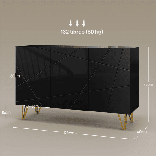 HOMCOM Aparador para Sala Aparador de Entrada com 3 Portas e Prateleiras Ajustáveis Armário de Armazenamento para Cozinha Sala 120x40x75 cm Preto Brilhante