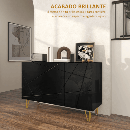 HOMCOM Aparador para Sala Aparador de Entrada com 3 Portas e Prateleiras Ajustáveis Armário de Armazenamento para Cozinha Sala 120x40x75 cm Preto Brilhante