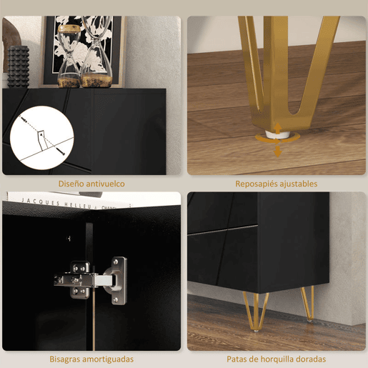 HOMCOM Aparador para Sala Aparador de Entrada com 3 Portas e Prateleiras Ajustáveis Armário de Armazenamento para Cozinha Sala 120x40x75 cm Preto Brilhante