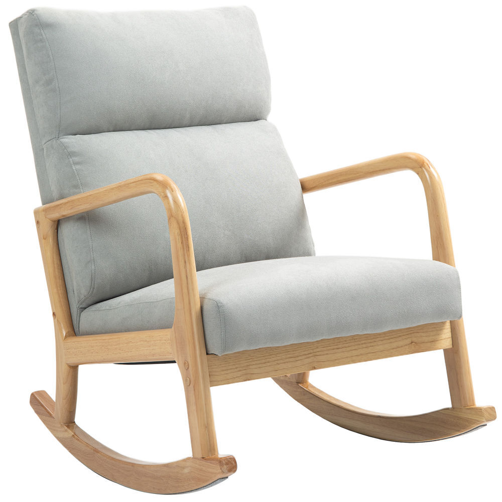 Homcom mecedora tapizada en lino silla mecedora con patas de madera de caucho y reposabrazos mecedora para lactancia carga 150 kg para dormitorio salón gris
