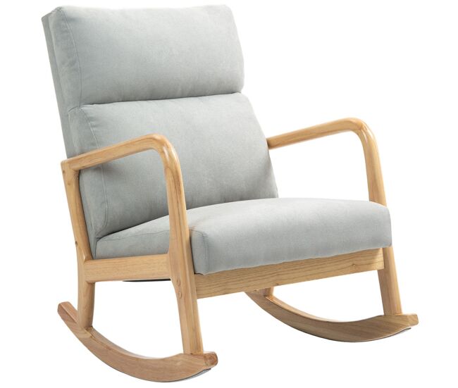 Homcom mecedora tapizada en lino silla mecedora con patas de madera de caucho y reposabrazos mecedora para lactancia carga 150 kg para dormitorio