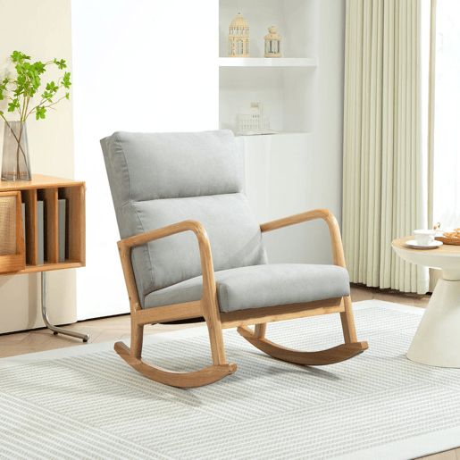 HOMCOM Poltrona Baloiço Estofada em Linho Poltrona Baloiço com Pés de Madeira de Borracha e Apoio para os Braços para Sala de Estar Dormitório Carga 150 kg 65x87x94,5 cm Cinza HOMCOM Poltrona Baloiço Estofada em Linho Poltrona Baloiço com Pés de Madeira de Borracha e Apoio para os Braços para Sala de Estar Dormitório Carga 150 kg 65x87x94,5 cm Cinza