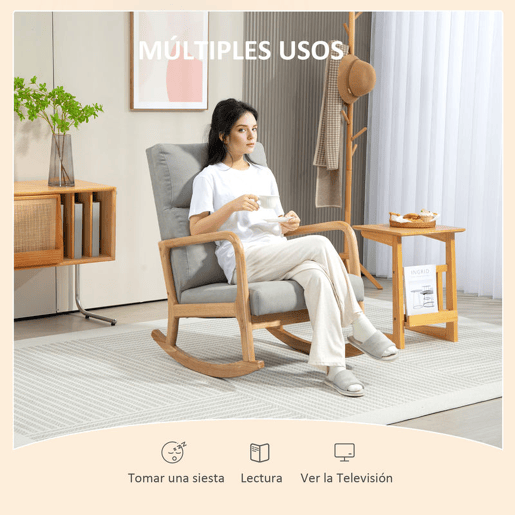 HOMCOM Poltrona Baloiço Estofada em Linho Poltrona Baloiço com Pés de Madeira de Borracha e Apoio para os Braços para Sala de Estar Dormitório Carga 150 kg 65x87x94,5 cm Cinza HOMCOM Poltrona Baloiço Estofada em Linho Poltrona Baloiço com Pés de Madeira de Borracha e Apoio para os Braços para Sala de Estar Dormitório Carga 150 kg 65x87x94,5 cm Cinza