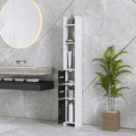 kleankin Coluna Casa de Banho com 3 Portas e 3 Prateleiras Abertas Coluna Auxiliar para Sala de Estar Casa de Banho Dormitório Estilo Moderno 15x17x120 cm Branco e Preto