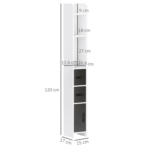 kleankin Coluna Casa de Banho com 3 Portas e 3 Prateleiras Abertas Coluna Auxiliar para Sala de Estar Casa de Banho Dormitório Estilo Moderno 15x17x120 cm Branco e Preto