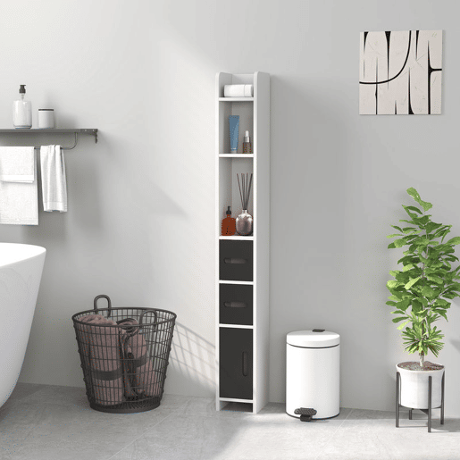 kleankin Coluna Casa de Banho com 3 Portas e 3 Prateleiras Abertas Coluna Auxiliar para Sala de Estar Casa de Banho Dormitório Estilo Moderno 15x17x120 cm Branco e Preto