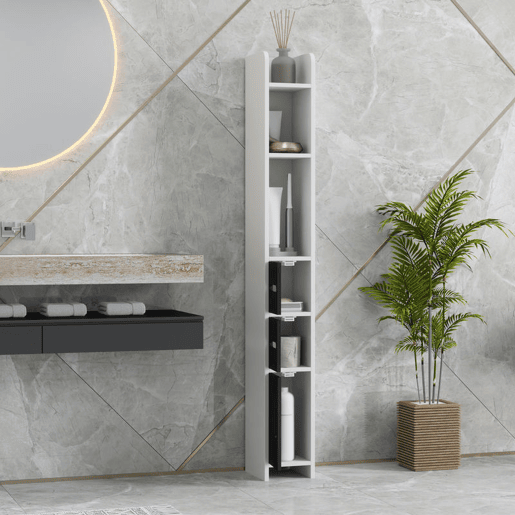 kleankin Coluna Casa de Banho com 3 Portas e 3 Prateleiras Abertas Coluna Auxiliar para Sala de Estar Casa de Banho Dormitório Estilo Moderno 15x17x120 cm Branco e Preto