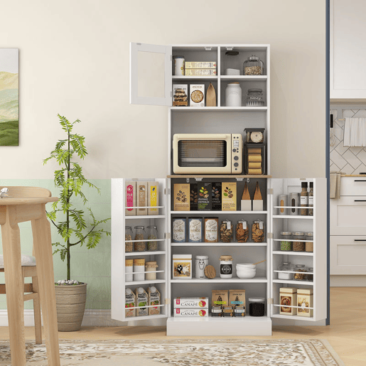 HOMCOM Armário de Cozinha Armário Alto de Cozinha Móvel Auxiliar de Cozinha com 3 Portas Prateleiras Ajustáveis e Prateleiras na Porta para Sala de Jantar 60x35x169 cm Branco