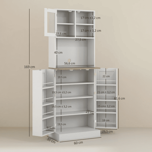 HOMCOM Armário de Cozinha Armário Alto de Cozinha Móvel Auxiliar de Cozinha com 3 Portas Prateleiras Ajustáveis e Prateleiras na Porta para Sala de Jantar 60x35x169 cm Branco