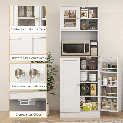 HOMCOM Armário de Cozinha Armário Alto de Cozinha Móvel Auxiliar de Cozinha com 3 Portas Prateleiras Ajustáveis e Prateleiras na Porta para Sala de Jantar 60x35x169 cm Branco