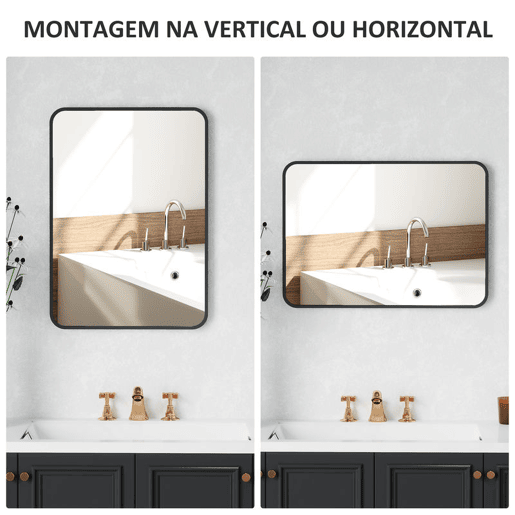 HOMCOM Espelho Casa de Banho 50x70 cm Espelho Retangular Espelho de Parede com Estrutura de Metal Vertical e Horizontal para Entrada Sala de Estar Preto