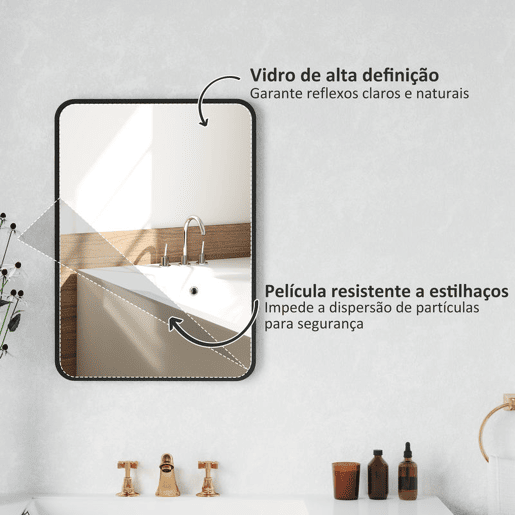 HOMCOM Espelho Casa de Banho 50x70 cm Espelho Retangular Espelho de Parede com Estrutura de Metal Vertical e Horizontal para Entrada Sala de Estar Preto