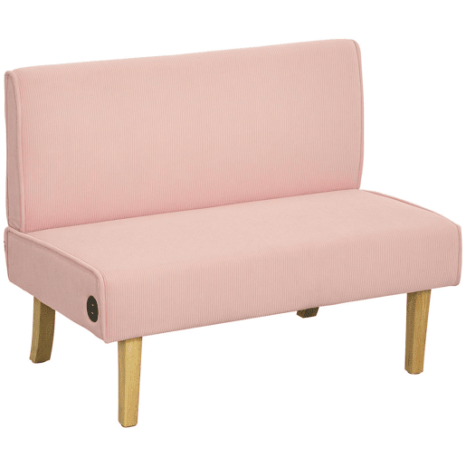 HOMCOM Sofá de 2 Lugares Estofado em Veludo Cotelê Sofá Sala de Estar sem Apoio para os Braços com 2 Entradas USB 1 Entrada Tipo C e Pés de Madeira Sofá Pequeno Carga 240 kg 110x60x85 cm Rosa