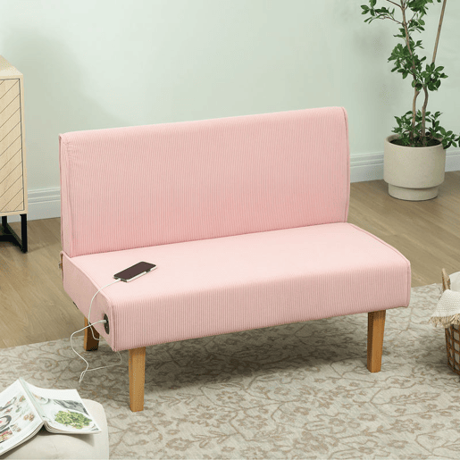 HOMCOM Sofá de 2 Lugares Estofado em Veludo Cotelê Sofá Sala de Estar sem Apoio para os Braços com 2 Entradas USB 1 Entrada Tipo C e Pés de Madeira Sofá Pequeno Carga 240 kg 110x60x85 cm Rosa