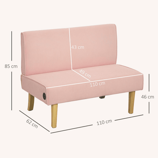 HOMCOM Sofá de 2 Lugares Estofado em Veludo Cotelê Sofá Sala de Estar sem Apoio para os Braços com 2 Entradas USB 1 Entrada Tipo C e Pés de Madeira Sofá Pequeno Carga 240 kg 110x60x85 cm Rosa