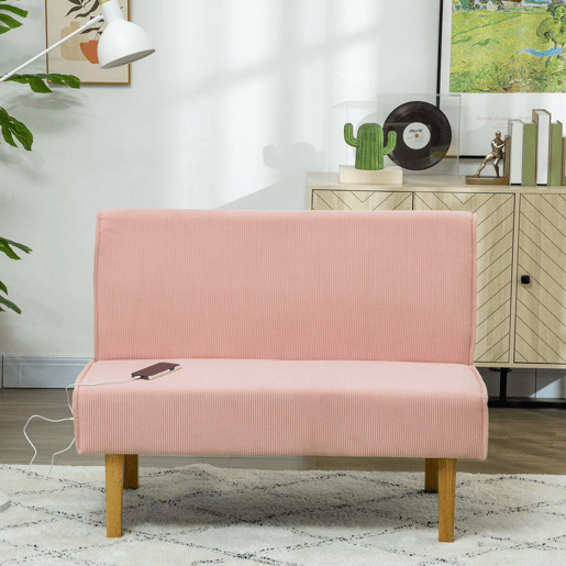 HOMCOM Sofá de 2 Lugares Estofado em Veludo Cotelê Sofá Sala de Estar sem Apoio para os Braços com 2 Entradas USB 1 Entrada Tipo C e Pés de Madeira Sofá Pequeno Carga 240 kg 110x60x85 cm Rosa