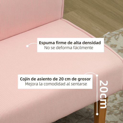 HOMCOM Sofá de 2 Lugares Estofado em Veludo Cotelê Sofá Sala de Estar sem Apoio para os Braços com 2 Entradas USB 1 Entrada Tipo C e Pés de Madeira Sofá Pequeno Carga 240 kg 110x60x85 cm Rosa