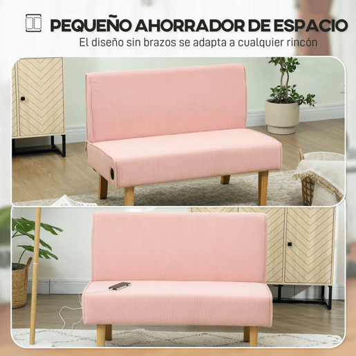 HOMCOM Sofá de 2 Lugares Estofado em Veludo Cotelê Sofá Sala de Estar sem Apoio para os Braços com 2 Entradas USB 1 Entrada Tipo C e Pés de Madeira Sofá Pequeno Carga 240 kg 110x60x85 cm Rosa
