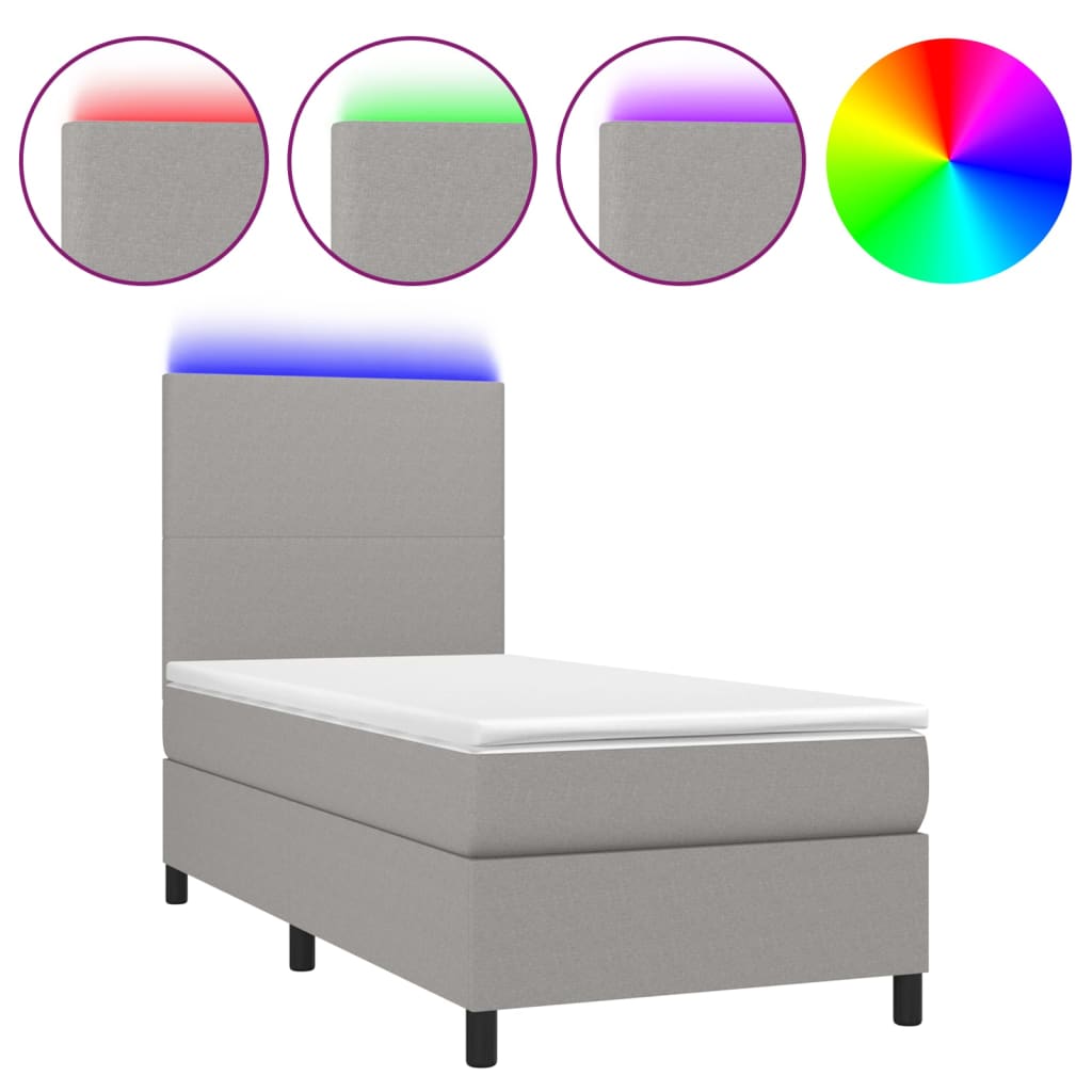 Cama box spring colchón y luces led tela gris claro 100x200 cm diseño plano