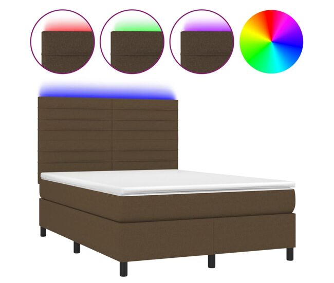 Cama box spring colchón luces led tela marrón oscuro 140x190 cm rayas horizontales