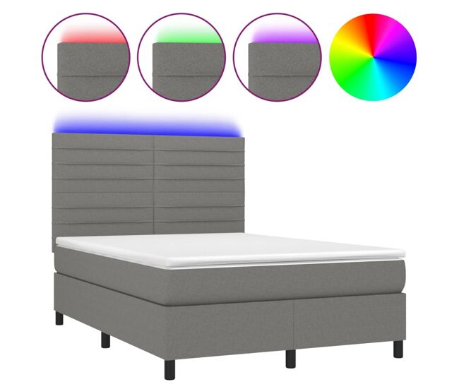 Cama box spring colchón y luces led tela gris oscuro 140x190 cm rayas horizontales
