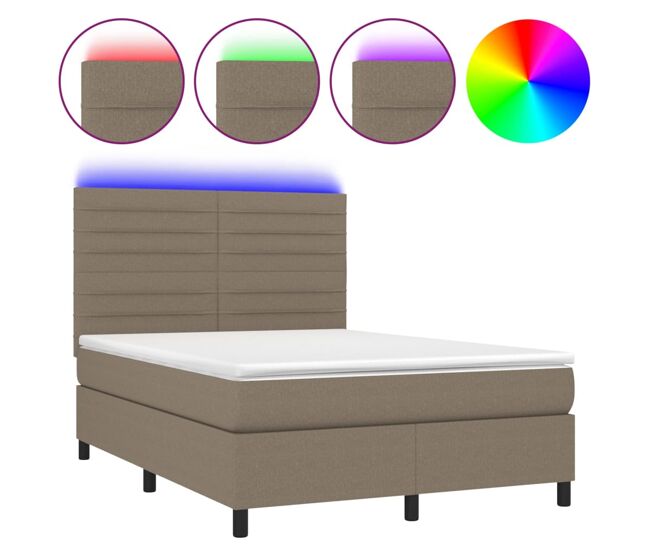 Cama box spring colchón y luces led tela gris taupe 140x200 cm rayas horizontales