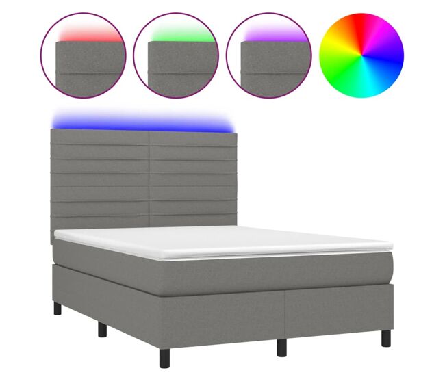 Cama box spring colchón y luces led tela gris oscuro 140x200 cm rayas horizontales