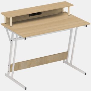 HOMCOM Mesa Gaming com Luzes LED e Tomadas de Corrente, 100x60 cm, Secretária Gaming, Mesa Gamer com Suporte para Monitor, Prateleiras e Controlo Remoto, para Escritório, Estúdio, Natural