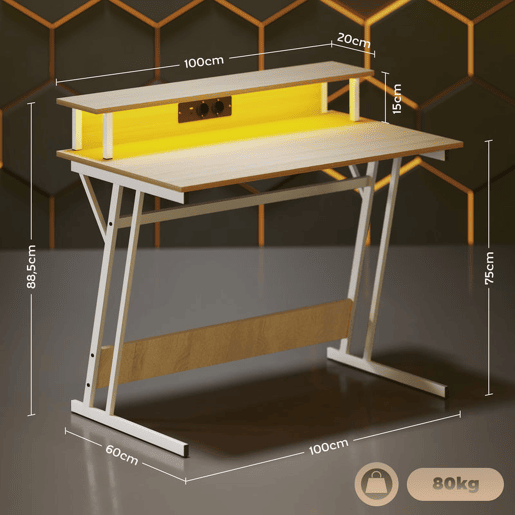 HOMCOM Mesa Gaming com Luzes LED e Tomadas de Corrente, 100x60 cm, Secretária Gaming, Mesa Gamer com Suporte para Monitor, Prateleiras e Controlo Remoto, para Escritório, Estúdio, Natural