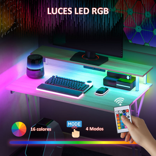 HOMCOM Mesa Gaming com Luzes LED e Tomadas de Corrente, 100x60 cm, Secretária Gaming, Mesa Gamer com Suporte para Monitor, Prateleiras e Controlo Remoto, para Escritório, Estúdio, Natural