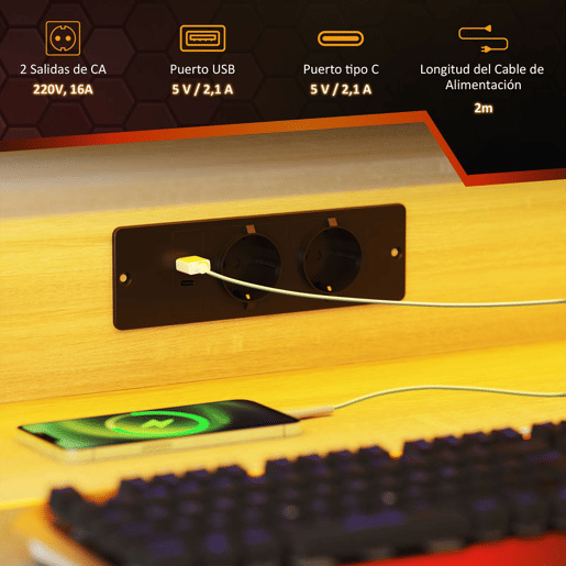 HOMCOM Mesa Gaming com Luzes LED e Tomadas de Corrente, 100x60 cm, Secretária Gaming, Mesa Gamer com Suporte para Monitor, Prateleiras e Controlo Remoto, para Escritório, Estúdio, Natural