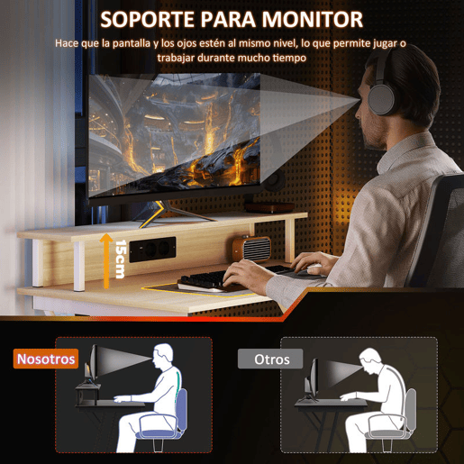 HOMCOM Mesa Gaming com Luzes LED e Tomadas de Corrente, 100x60 cm, Secretária Gaming, Mesa Gamer com Suporte para Monitor, Prateleiras e Controlo Remoto, para Escritório, Estúdio, Natural