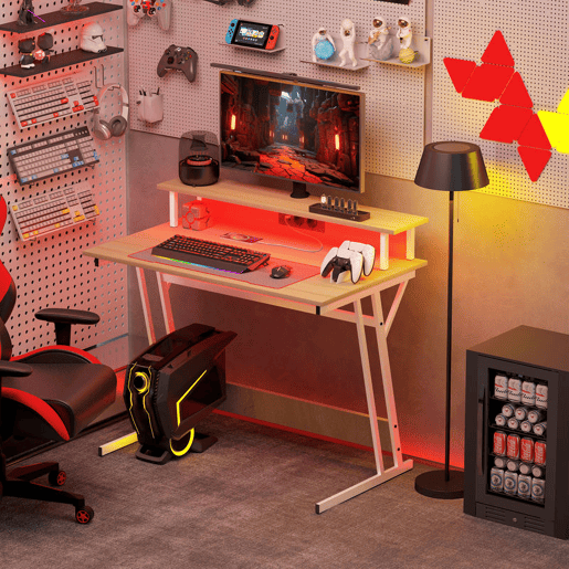 HOMCOM Mesa Gaming com Luzes LED e Tomadas de Corrente, 100x60 cm, Secretária Gaming, Mesa Gamer com Suporte para Monitor, Prateleiras e Controlo Remoto, para Escritório, Estúdio, Natural