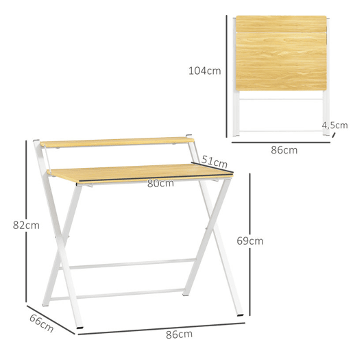 HOMCOM Secretária Dobrável Mesa de Computador Dobrável com Prateleira Aberta Secretária Pequena para Escritório Casa 86x66x82 cm Madeira