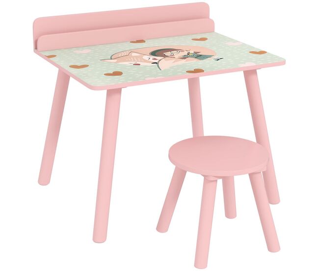 Aiyaplay mesa y silla infantiles de 2 piezas mesa infantil con silla y estante para libros escritorio para niños de +3 años para sala de juegos rosa
