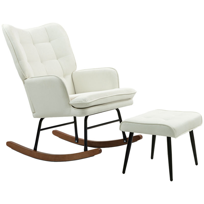 Homcom silla mecedora con reposapiés, sillón de relax, con cojín acolchado, respaldo alto, reposabrazos y patas de madera, carga 130 kg, para salón,