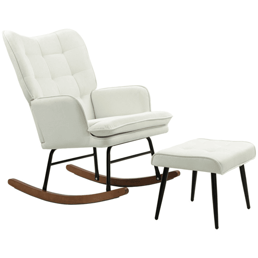 HOMCOM Conjunto de Poltrona Baloiço com Apoio para os Pés Poltrona Relax com Almofada Acolchoada e Anti-Tombo Carga 130 kg Sala de Estar Dormitório 64x89x90 cm Bege
