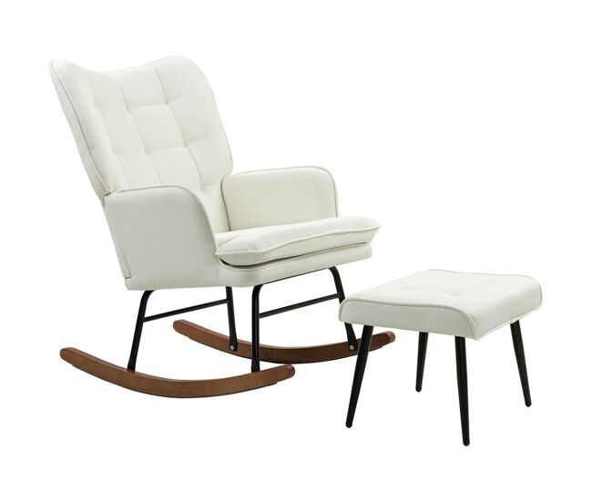Homcom silla mecedora con reposapiés, sillón de relax, con cojín acolchado, respaldo alto, reposabrazos y patas de madera, carga 130 kg, para salón,