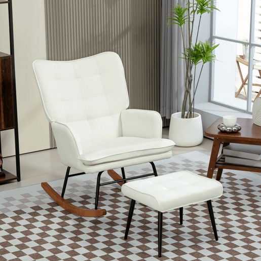 HOMCOM Conjunto de Poltrona Baloiço com Apoio para os Pés Poltrona Relax com Almofada Acolchoada e Anti-Tombo Carga 130 kg Sala de Estar Dormitório 64x89x90 cm Bege