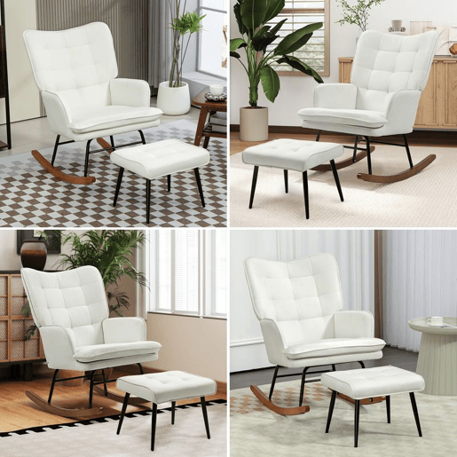 HOMCOM Conjunto de Poltrona Baloiço com Apoio para os Pés Poltrona Relax com Almofada Acolchoada e Anti-Tombo Carga 130 kg Sala de Estar Dormitório 64x89x90 cm Bege
