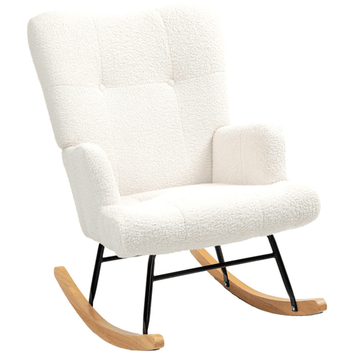 HOMCOM Poltrona Baloiço em Borrego Poltrona para Amamentação com Encosto Capitonê e Base de Madeira de Borracha Carga 120 kg Poltrona para Sala de Estar Dormitório 65x88x87 cm Creme