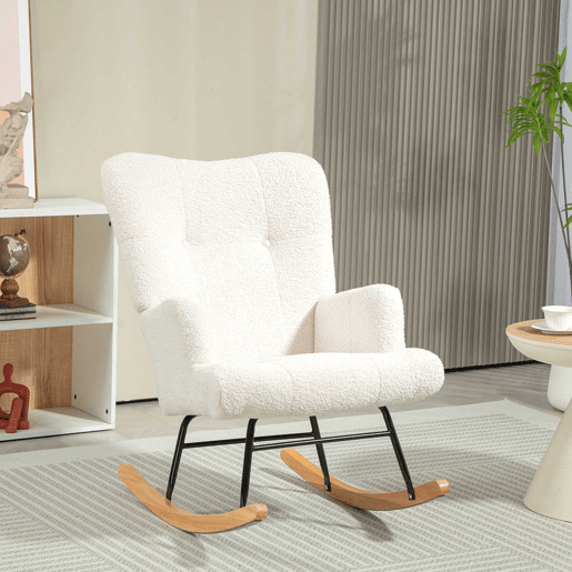 HOMCOM Poltrona Baloiço em Borrego Poltrona para Amamentação com Encosto Capitonê e Base de Madeira de Borracha Carga 120 kg Poltrona para Sala de Estar Dormitório 65x88x87 cm Creme